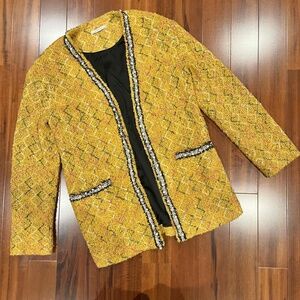 Zara Woman Mustard Yellow Textured Jacket Blazer Pearl Bead Open Front Sz Medium